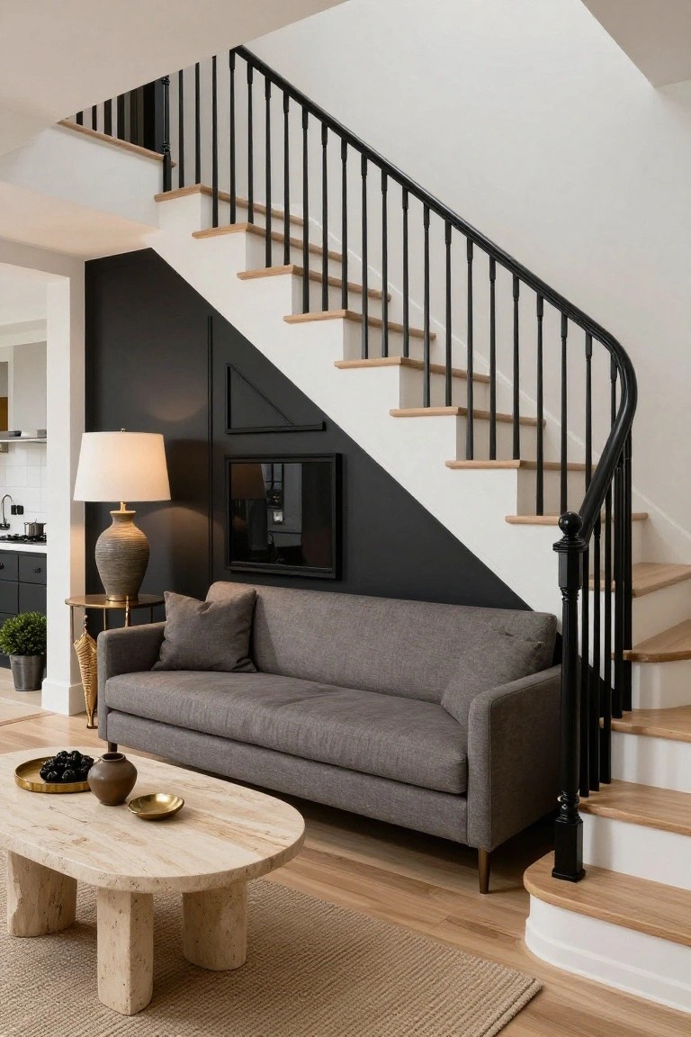 Gray upholstered sofa with cushions and a travertine coffee table positioned beside a black metal staircase railing with oak treads in a modern open interior.