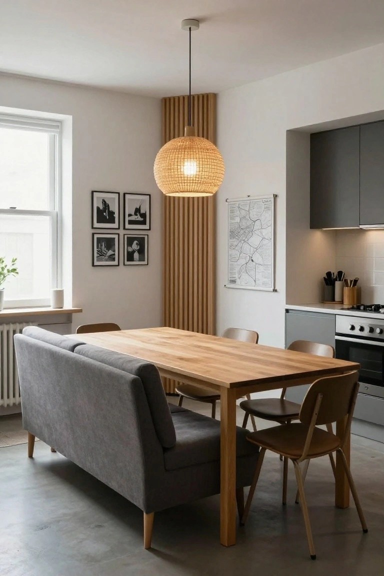 Open-plan interior with gray sofa bench along one side of a rectangular wooden dining table, wooden chairs on other sides, rattan pendant light above, wood slat wall panel, and adjacent modern kitchen with gray cabinets.