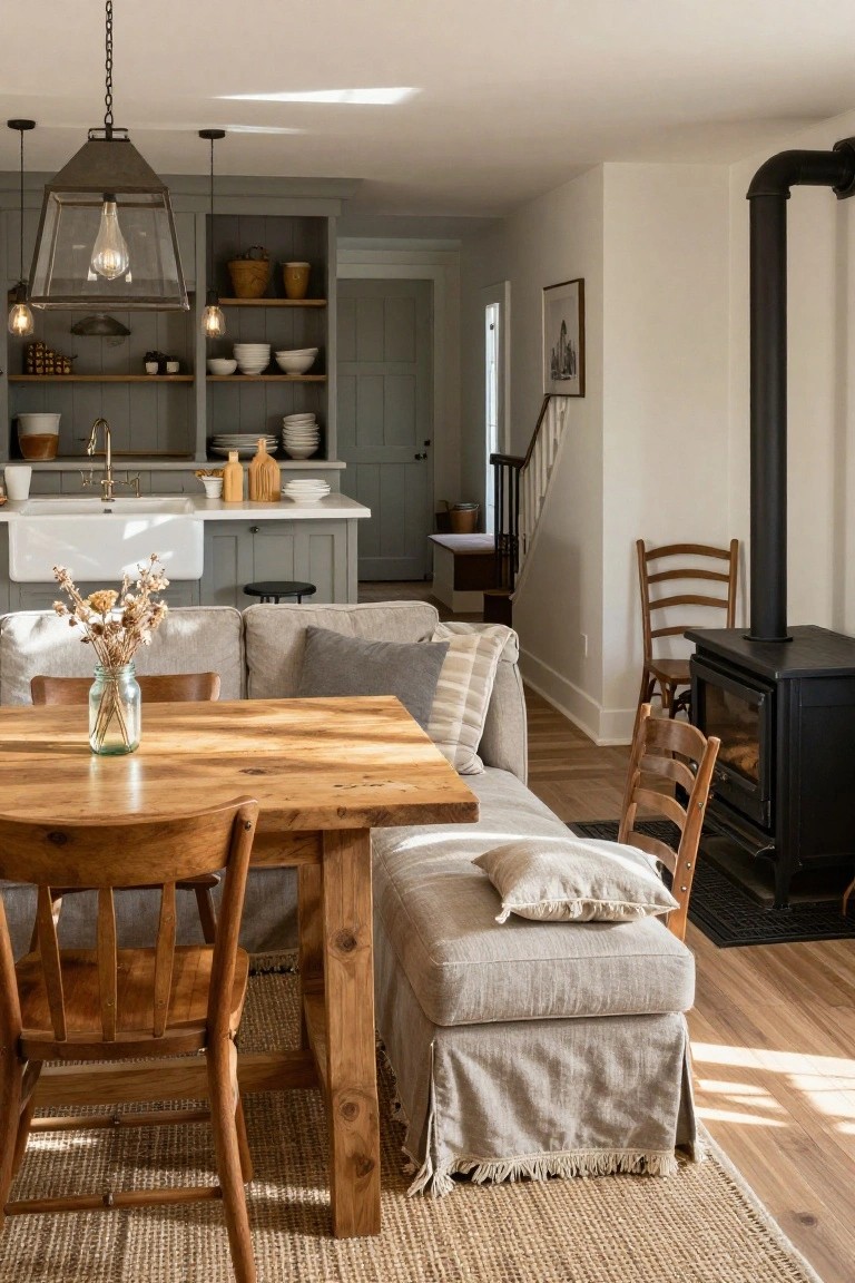 Open-plan interior with wooden dining table and chairs next to beige sofa and ottoman bench, gray kitchen cabinets with farmhouse sink in background, black wood stove, and hardwood floors.