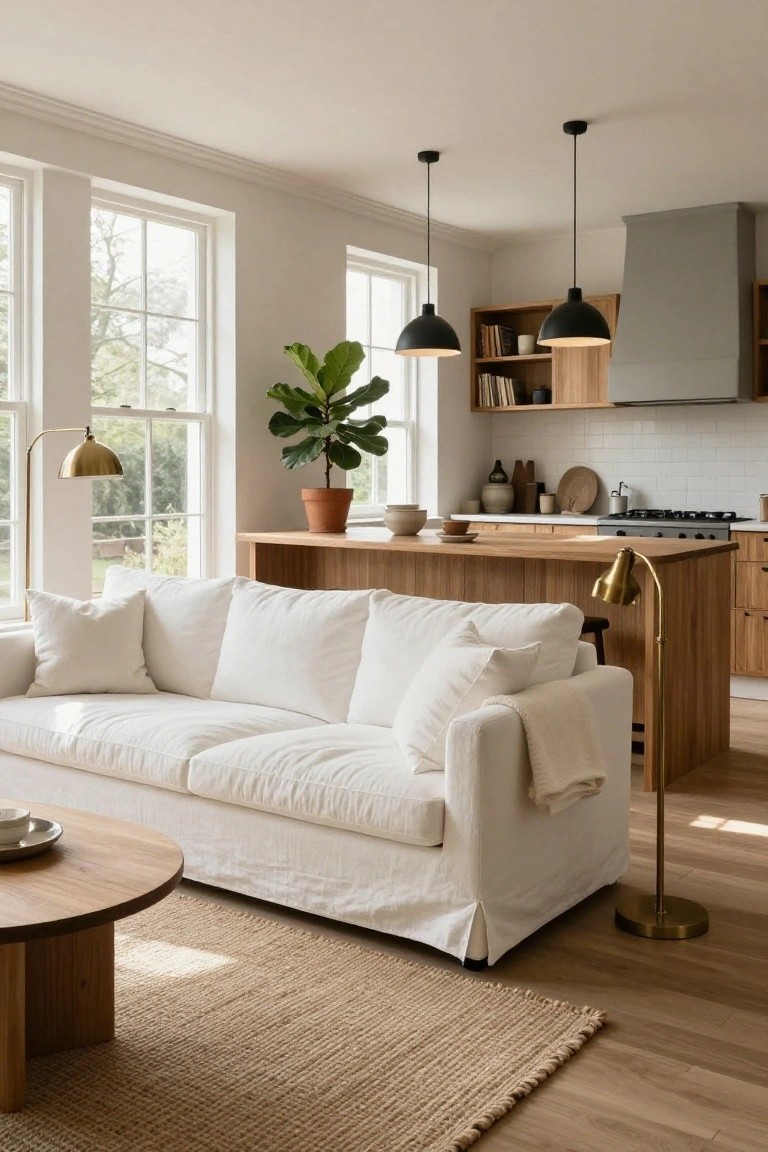 Open-plan interior with white linen sofa on jute rug facing wooden kitchen island, pendant lights above, large windows with natural light, and potted plants.