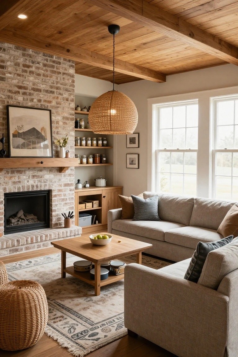 Living room with beige sofa facing brick fireplace on wooden mantel, wooden coffee table with bowls, two woven poufs on patterned rug, open shelves, beamed ceiling, and large windows.