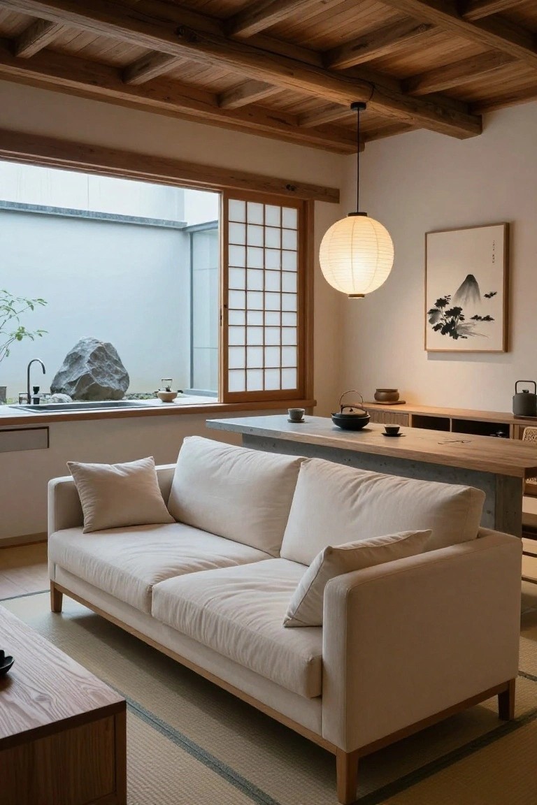 Minimalist interior with light beige low-profile sofa positioned beside a long wooden kitchen counter, tatami flooring, shoji screens, hanging paper lantern, and rock garden view through the window.