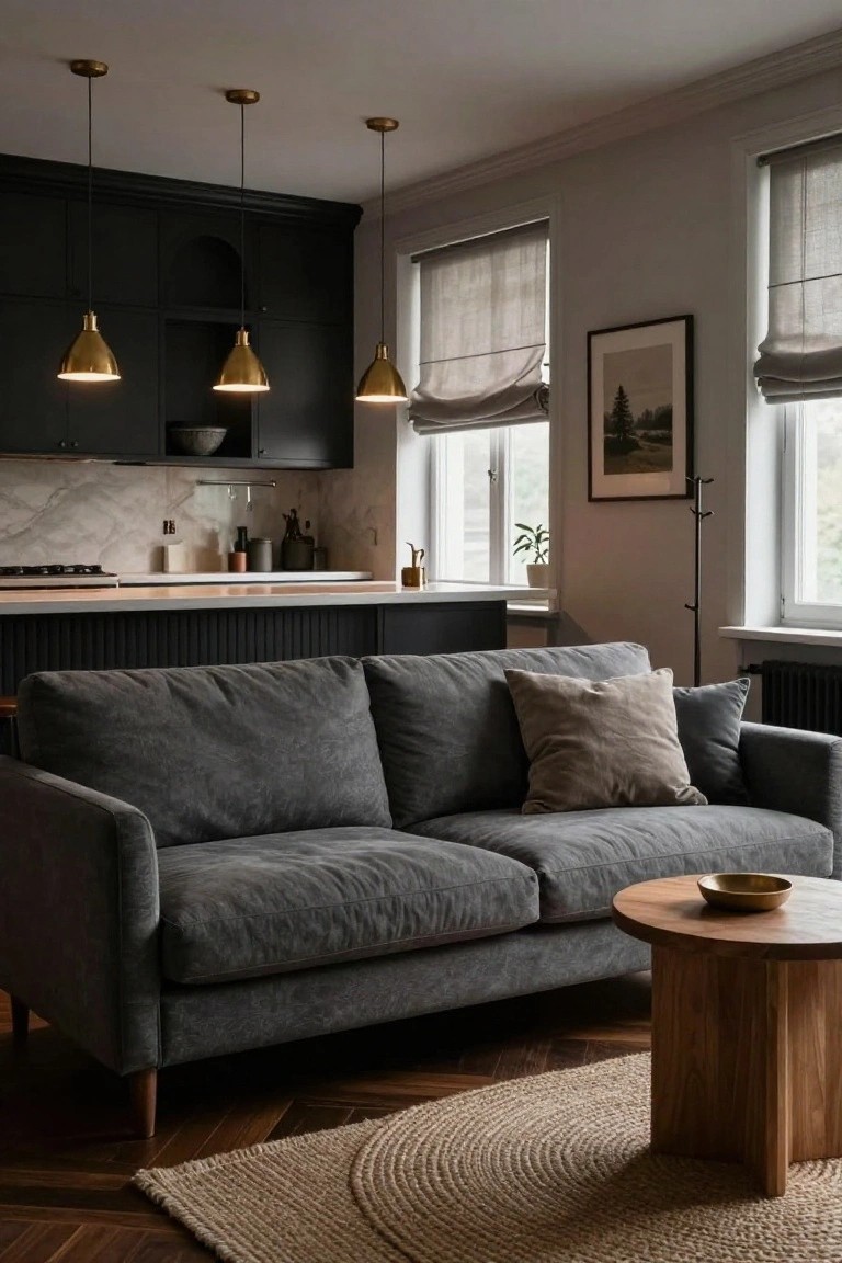 Modern living room with gray velvet sofa, wooden table, and brass pendant lights.