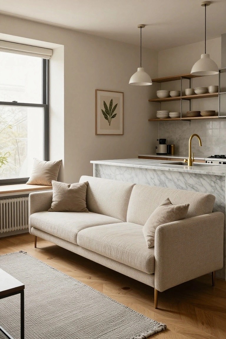 Light beige sofa with cream pillows positioned parallel to a white marble kitchen bar in an open-plan living area with wooden flooring, pendant lights, and open shelves.