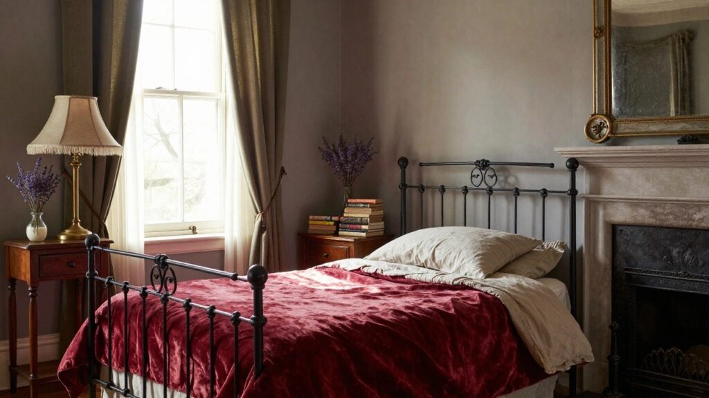 A bedroom with black wrought iron bed frame topped by beige pillows and linens, wooden nightstand with brass lamp and books, gold-framed mirror on gray wall, lavender bouquet by window with beige curtains, and patterned rug on wood floor.