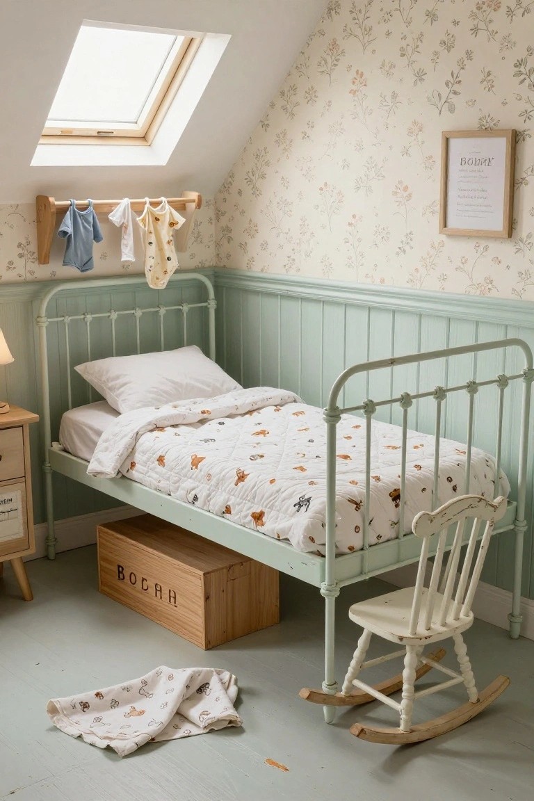 Mint green wrought iron bed frame positioned in the corner of a nursery with beige floral wallpaper, wooden rail holding baby clothes, labeled wooden toy chest, white rocking chair, bedside table, and floor lamp.