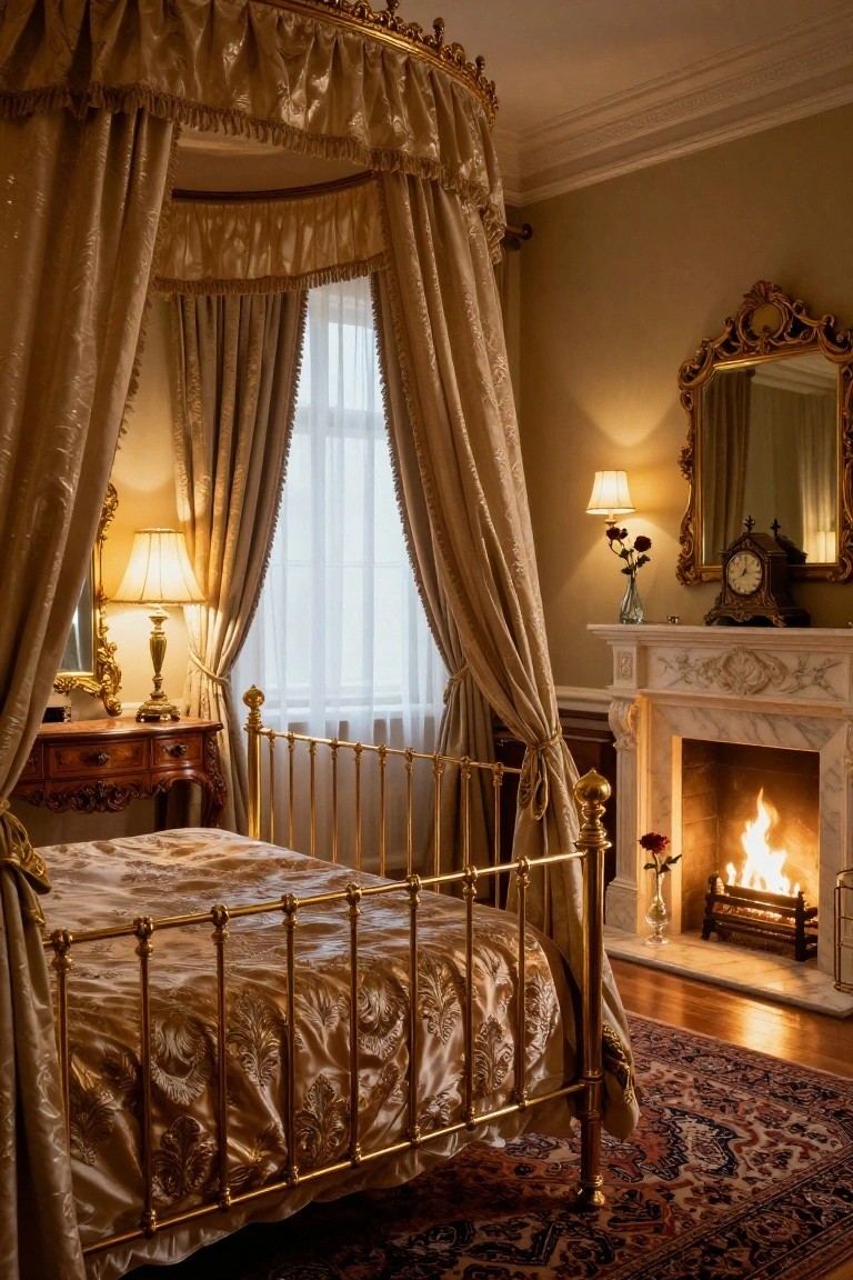 Bedroom interior with gold wrought iron canopy bed, marble fireplace burning wood, antique lamps, gilded mirror, and beige walls.