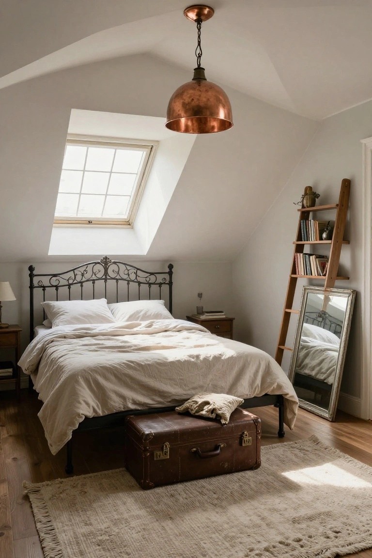 Attic bedroom with sloped white walls, skylight window, black ornate wrought iron bed frame with white linen bedding, copper pendant light, wooden ladder bookshelf, leaning mirror, and vintage suitcase on wood floor.
