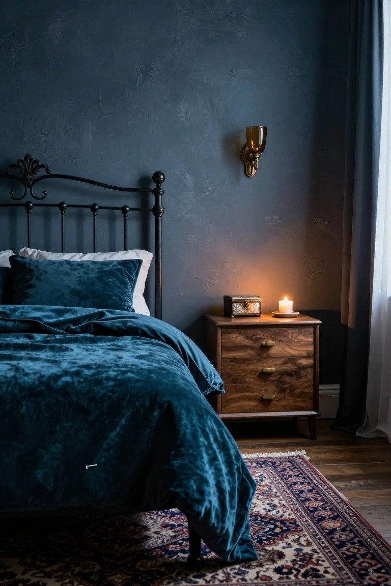 Bedroom corner with black ornate wrought iron bed frame, teal velvet bedding and pillows, wooden nightstand with lit candle and brass box, textured navy blue walls, gold wall sconce, heavy blue curtains, and patterned rug on wood floor.