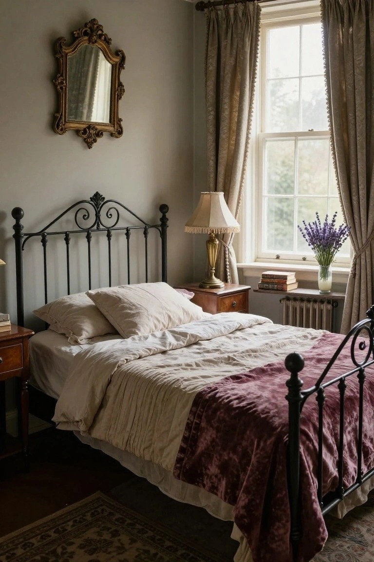 A bedroom with black wrought iron bed frame topped by beige pillows and linens, wooden nightstand with brass lamp and books, gold-framed mirror on gray wall, lavender bouquet by window with beige curtains, and patterned rug on wood floor.