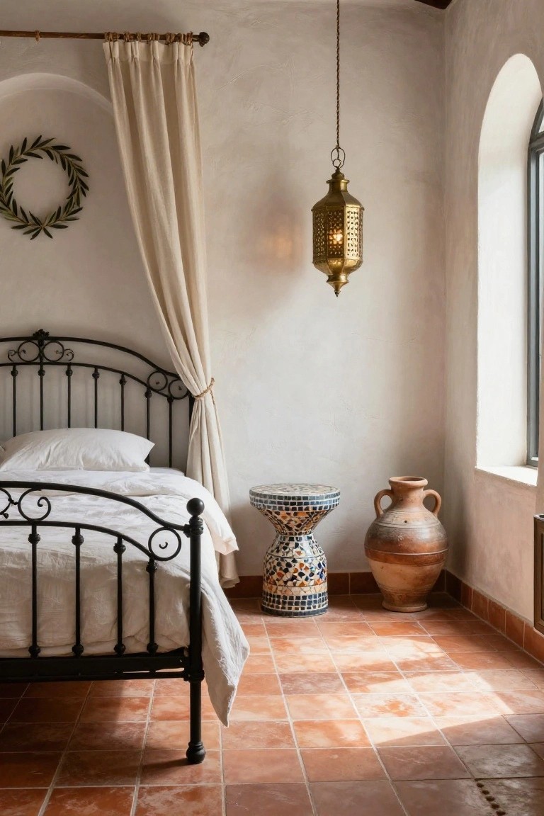 Bedroom interior with black wrought iron bed frame and white bedding, sheer draped curtains, brass lantern hanging from ceiling, mosaic stool, terracotta vase on terracotta tile floor, white walls, and arched window.