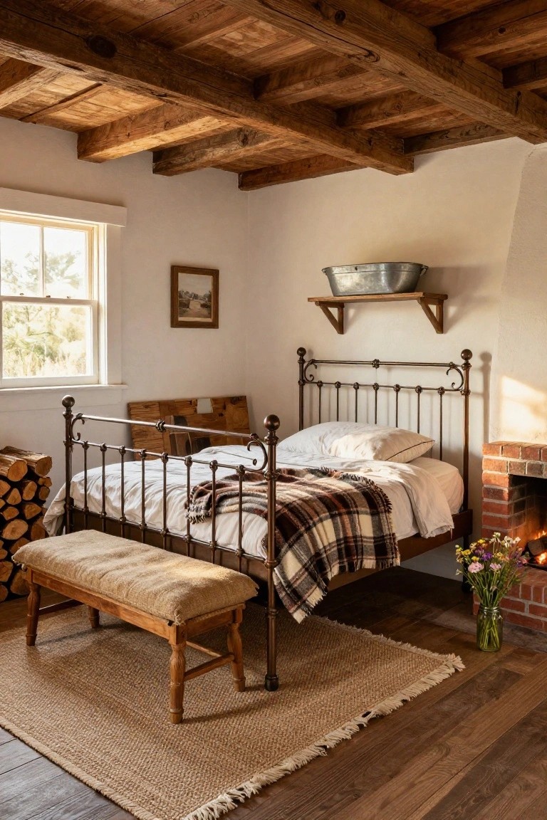 Bedroom interior with exposed wooden ceiling beams, white walls, wrought iron bed frame with white sheets and plaid blanket, wooden bench, firewood stack, brick fireplace, galvanized tub on wooden shelf, small painting, and window with natural light.