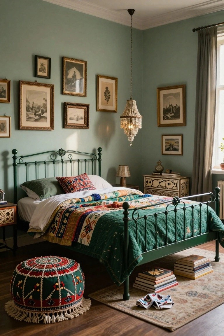 A bedroom with sage green walls and an ornate green wrought iron bed frame holding a white duvet and multicolored quilt, flanked by wooden nightstands, vintage framed artwork on walls, a pendant light, and a patterned pouf on a wood floor.