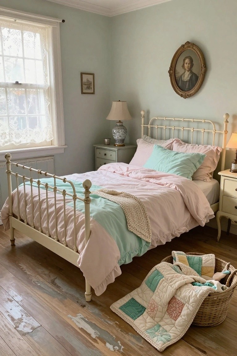 A bedroom with light green walls, a cream wrought iron bed frame covered in pink and mint green linens, wooden nightstands, a floor lamp, lace curtains on the window, and a wicker basket holding a quilt on the hardwood floor.