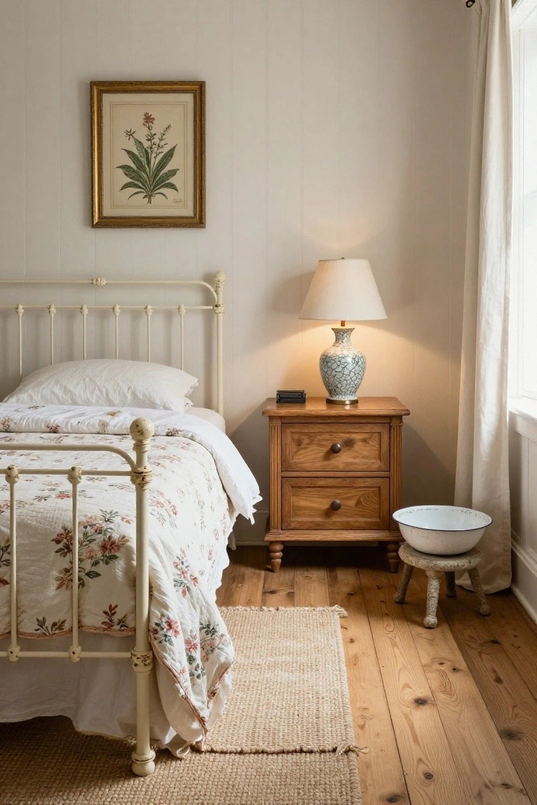 Corner of a bedroom showing a white wrought iron bed with floral quilt and pillows, wooden nightstand with blue and white lamp and black remote, white basin on stool, beige curtains, and hardwood floor with seagrass rug.