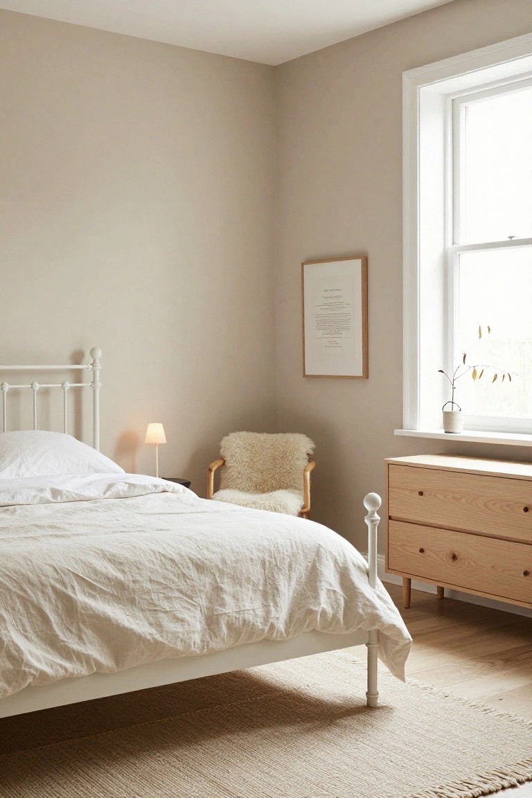Bedroom with white wrought iron bed frame, sheepskin-upholstered armchair on wooden legs, light wood dresser, framed artwork on beige walls, and large window with potted plant.