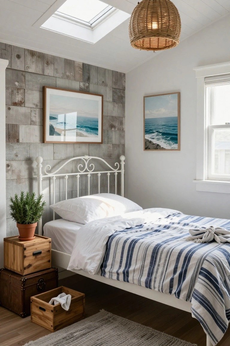Bedroom with white ornate wrought iron bed frame against gray shiplap wall, flanked by ocean artwork, potted rosemary plant on wooden stool, wooden storage crates, and striped bedding on the floor.