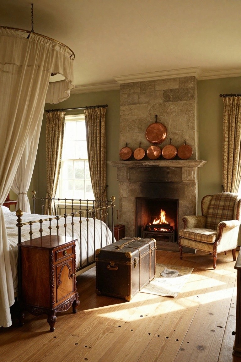 Bedroom with ornate wrought iron canopy bed draped in white fabric, beside a stone fireplace hung with copper pots, antique trunk on wooden floor, and plaid armchair.