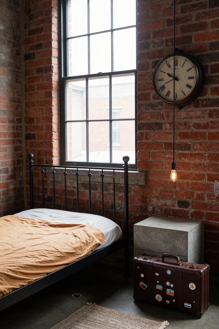 Bedroom interior with black wrought iron bed frame draped in white sheets and orange blanket, beside brown suitcase with stickers and gray concrete side table, exposed brick walls, large window, wall clock, hanging bulb light, and woven rug on concrete floor.