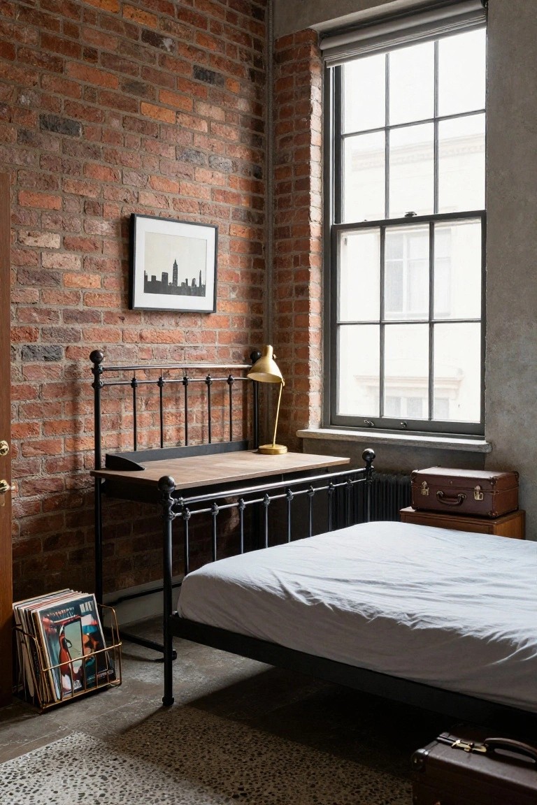 A small bedroom with exposed brick walls, black wrought iron bed frame with wooden desk extension, brass lamp, stack of vinyl records, and two leather suitcases on the floor near a large window.