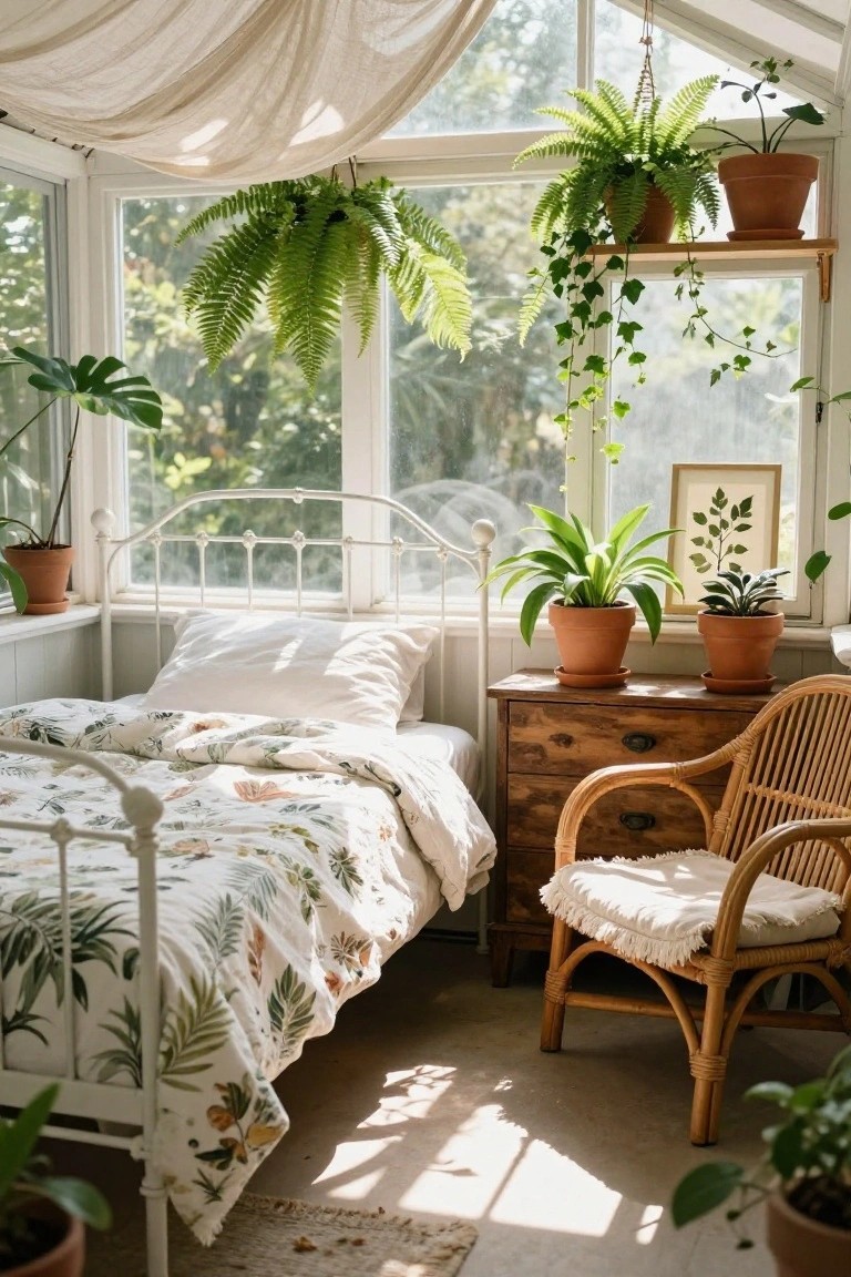 White wrought iron bed with light floral duvet in a sunlit greenhouse room surrounded by potted plants, hanging ferns, terracotta pots, wooden nightstand, rattan chair, and large windows with greenery outside.