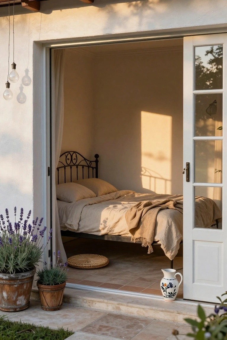 Open sliding glass doors show a bedroom interior with a beige wrought iron bed frame, neutral pillows and linens, a woven mat on tiled floor, and potted lavender plants outside on stone threshold.