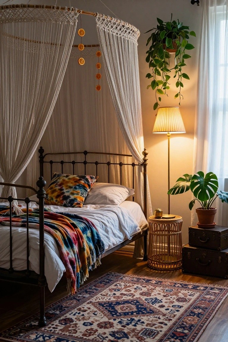 Bedroom with black wrought iron bed frame under white sheer canopy from macrame hoop, colorful pillows and blankets on bed, potted plants, rattan side table, lamp, and window with curtains.