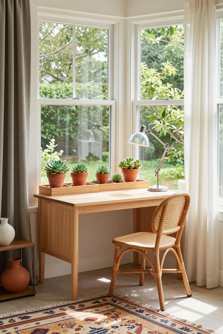 Wooden desk with potted succulents, rattan chair, and desk lamp by window.