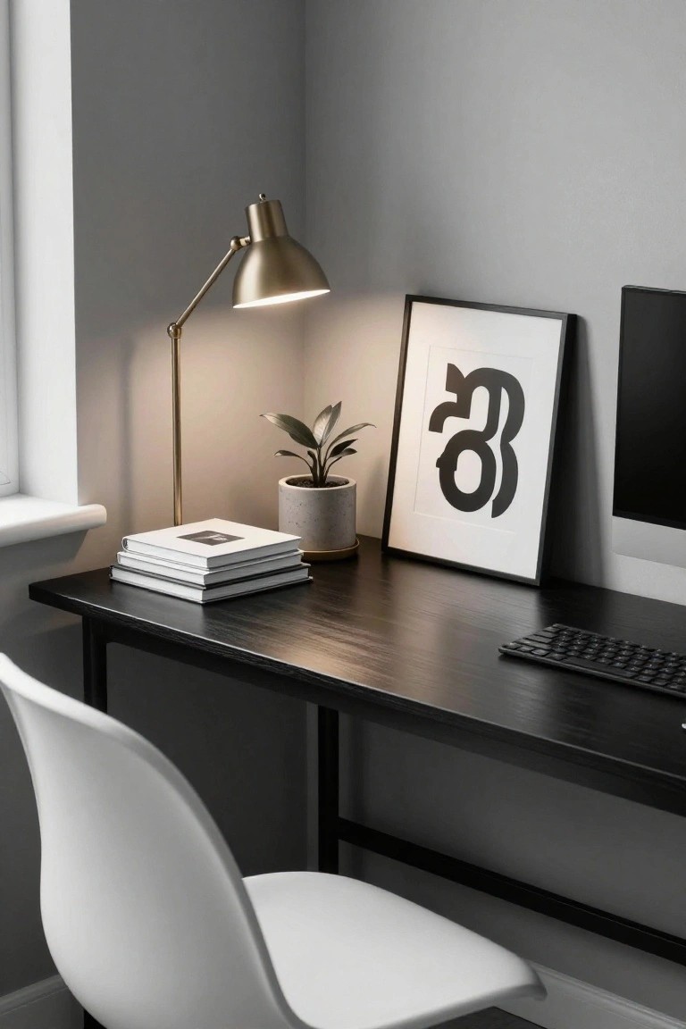 A black corner desk with a white chair, brass desk lamp, potted plant, stack of books, and black-framed abstract art on a gray wall.