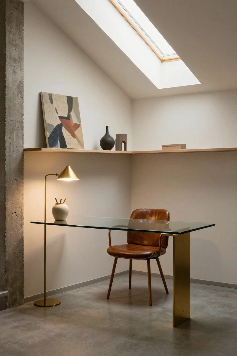 Modern minimalist workspace with glass desk, brown leather chair, and skylight.