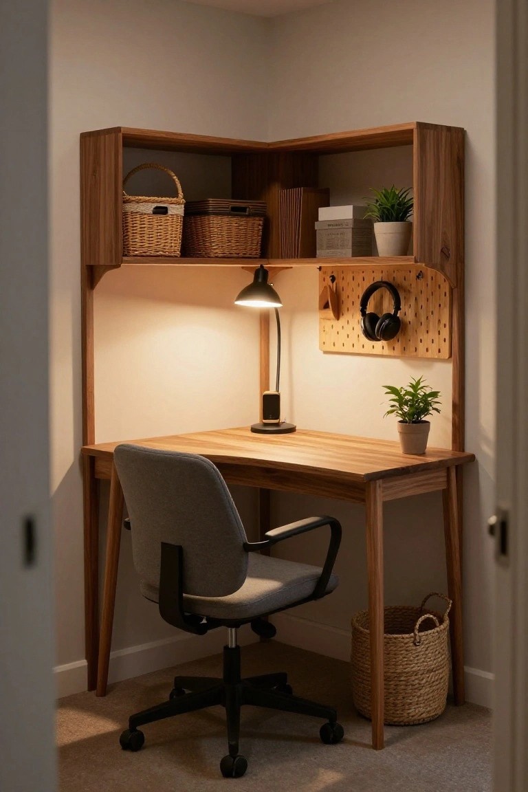 Cozy wooden corner desk with chair, lamp, pegboard, and woven baskets.