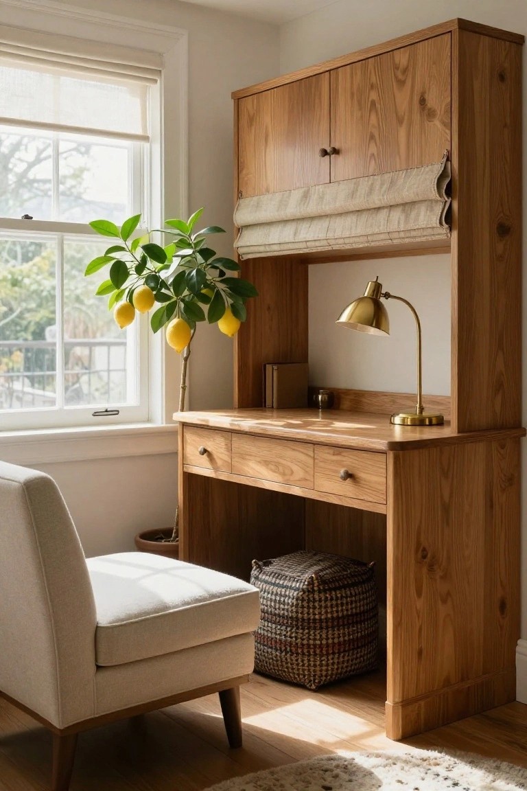 A wooden built-in desk with upper cabinets, drawers, and a brass desk lamp sits in a corner next to a window with a potted lemon tree and an upholstered chair in front.