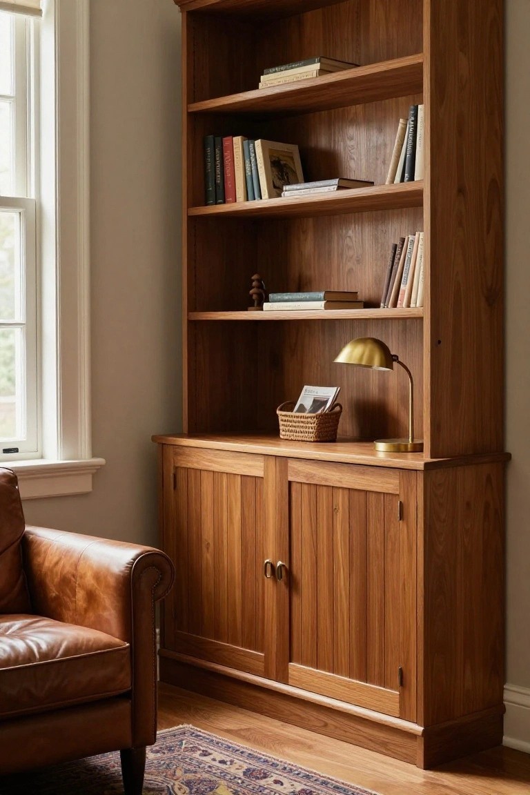Wooden bookshelf with cabinet base, leather chair, brass lamp, and books.