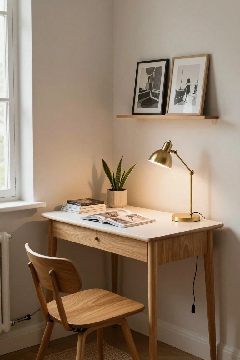 A light wood desk with a white top placed in a room corner next to a window, topped with an open book, stacked books, a potted plant, and a lit brass desk lamp.