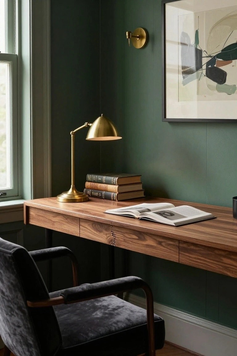 A dark green office with a wooden desk, brass lamp, books, and velvet chair.