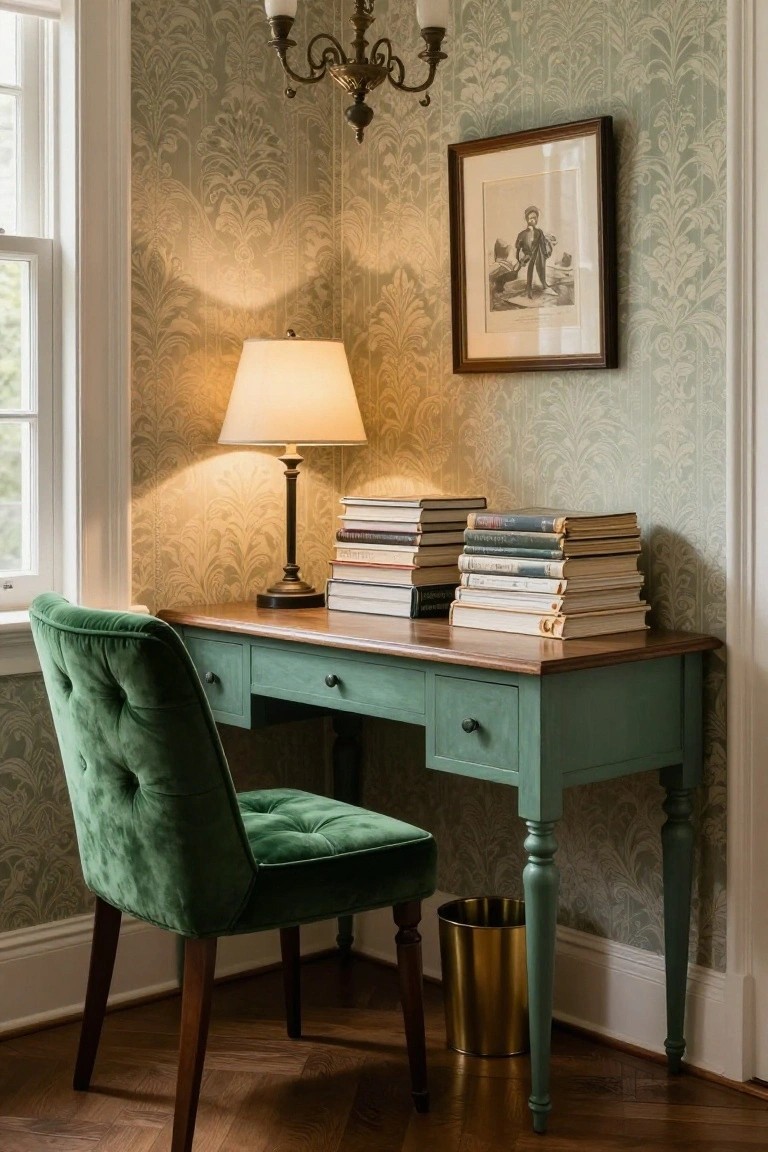 Green velvet chair at a teal wooden desk with stacked books and lamp.