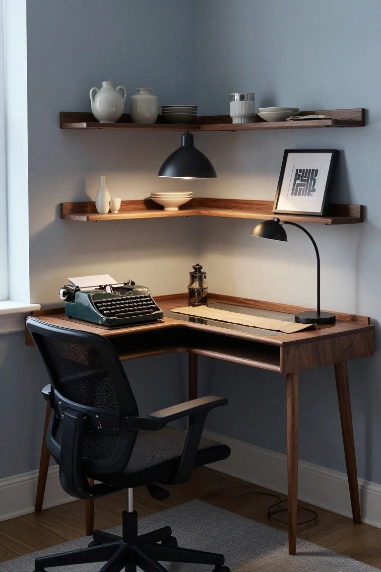 A wooden L-shaped corner desk in a home office with floating shelves above it, a black mesh office chair, a vintage typewriter on the desk, and various decorative items on the shelves.