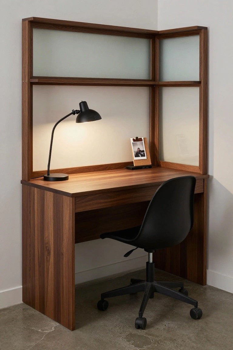 A wooden corner desk unit with overhead frosted glass panels, a black desk lamp, a small photo frame, and a black office chair on a concrete floor.