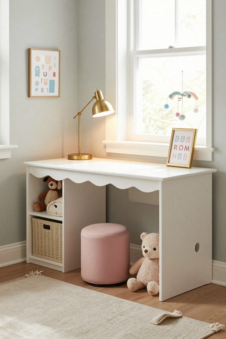 A white corner desk with scalloped edges sits under a window, featuring open storage cubbies on the left side and a pink stool underneath.