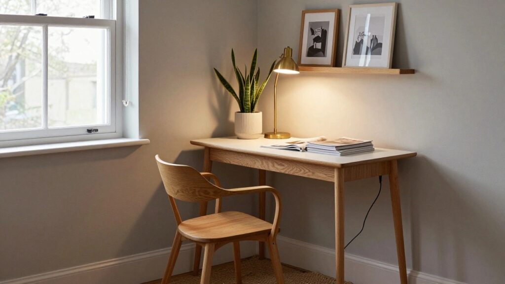 21 Sleek Corner Desk Designs That Instantly Upgrade Your Workflow A light wood desk with a white top placed in a room corner next to a window, topped with an open book, stacked books, a potted plant, and a lit brass desk lamp.