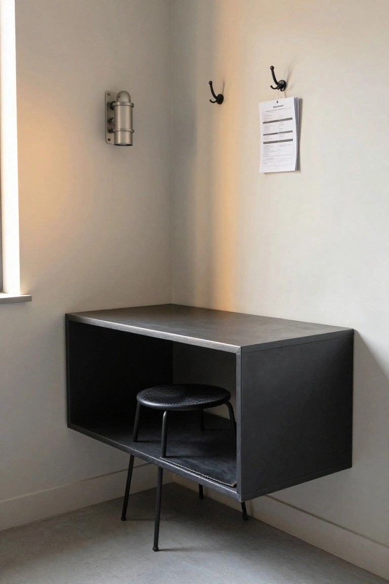 Minimalist black metal desk with round stool against white wall.