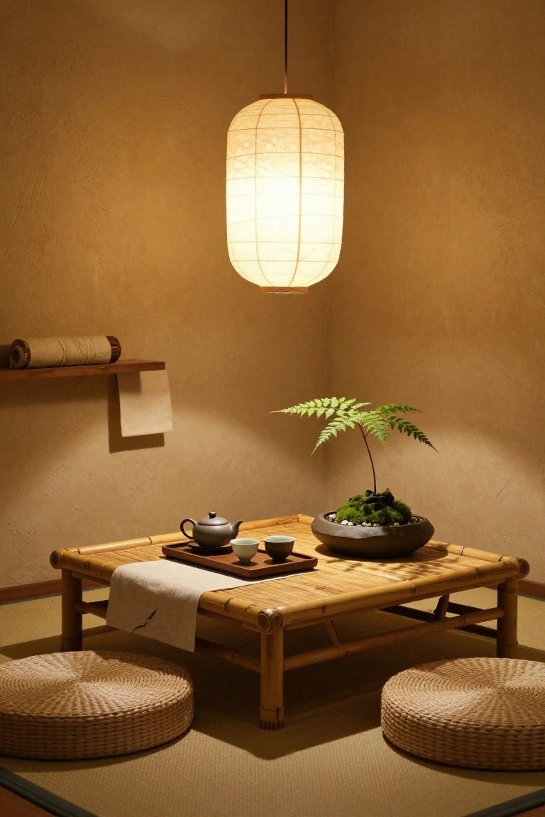 Japanese tea room with bamboo table, lantern, bonsai, and woven cushions.
