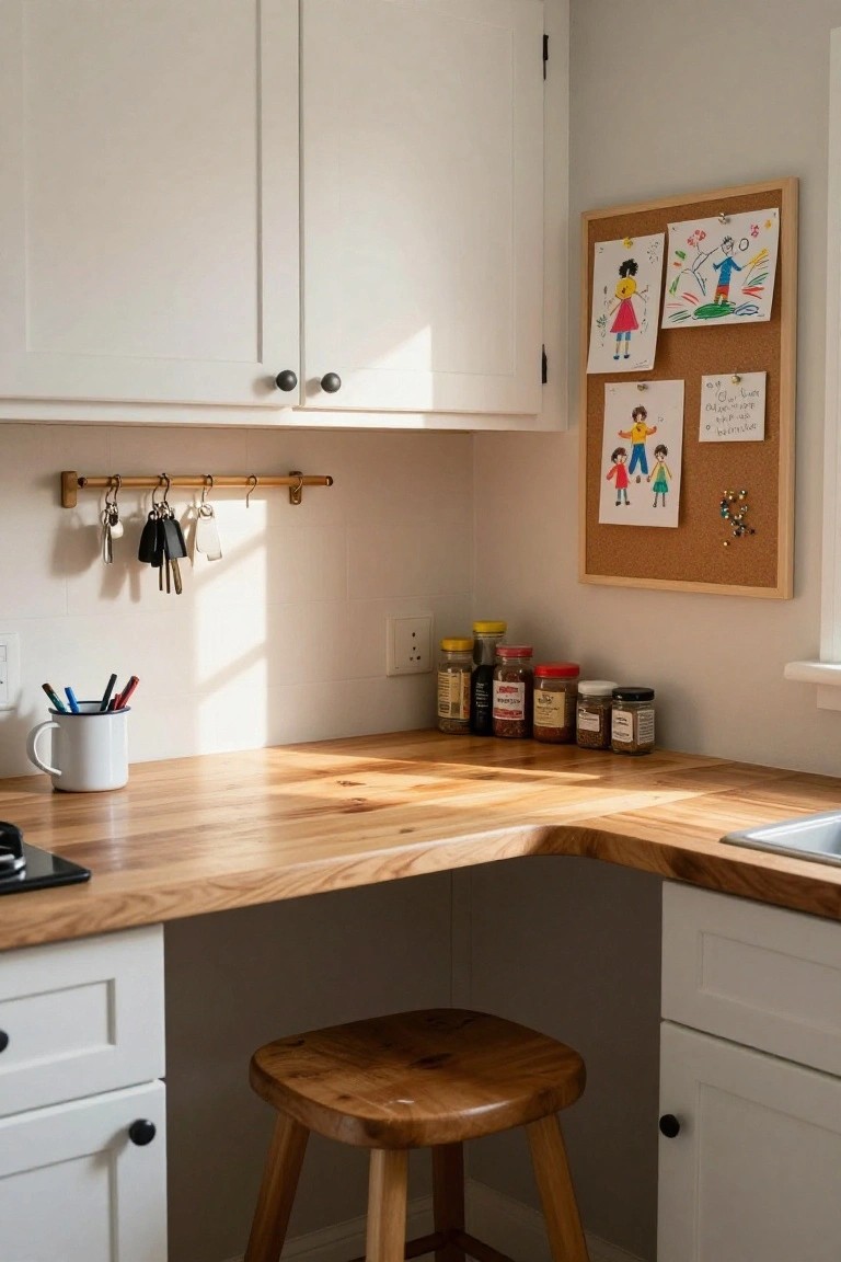 A light wood L-shaped countertop in a kitchen corner with a wooden stool underneath, white cabinets above and below, and a corkboard with drawings on the adjacent wall.