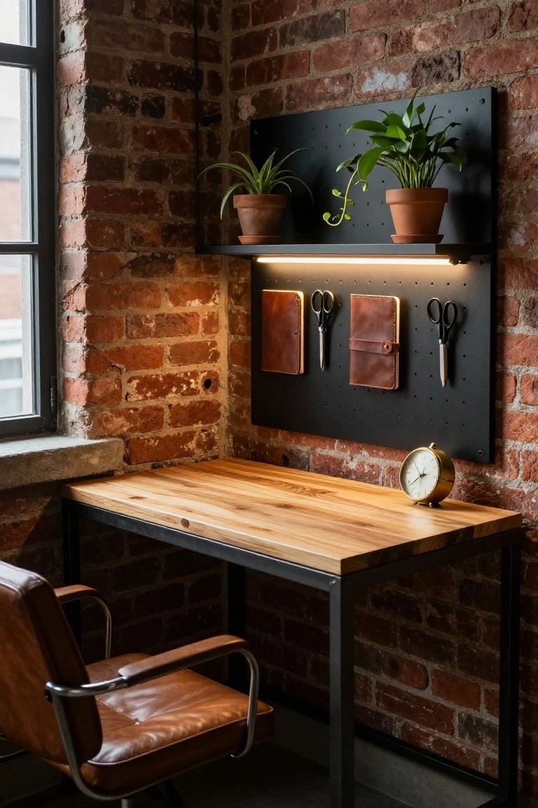 A wooden desk with metal legs in front of a red brick wall, featuring a black pegboard above it with potted plants, leather notebooks, scissors, and under-shelf lighting.