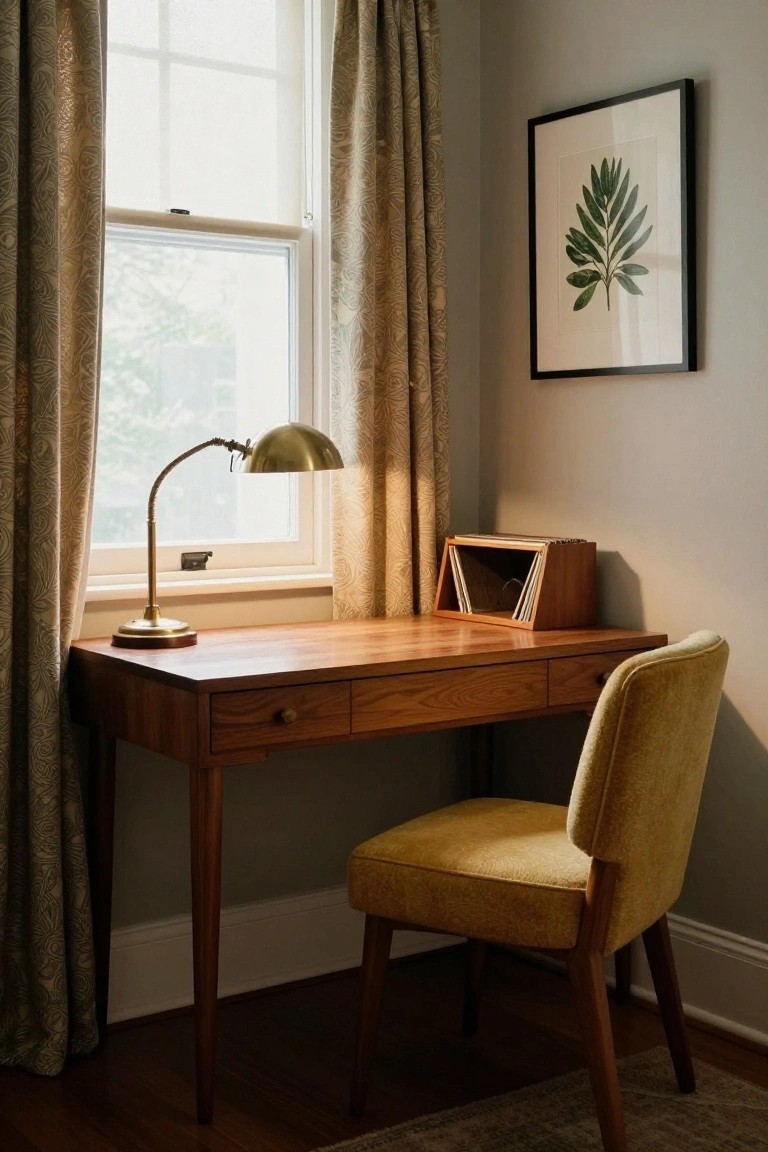 A wooden desk with a brass lamp sits beneath a window with patterned curtains, accompanied by a yellow upholstered chair and a small wooden record storage box.