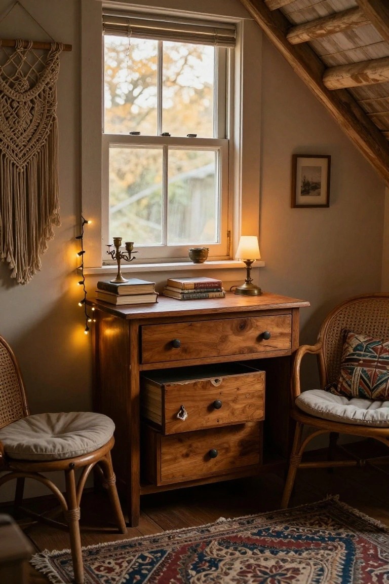 A wooden dresser with multiple drawers placed under a window serves as a desk in a room with two chairs and books on top.