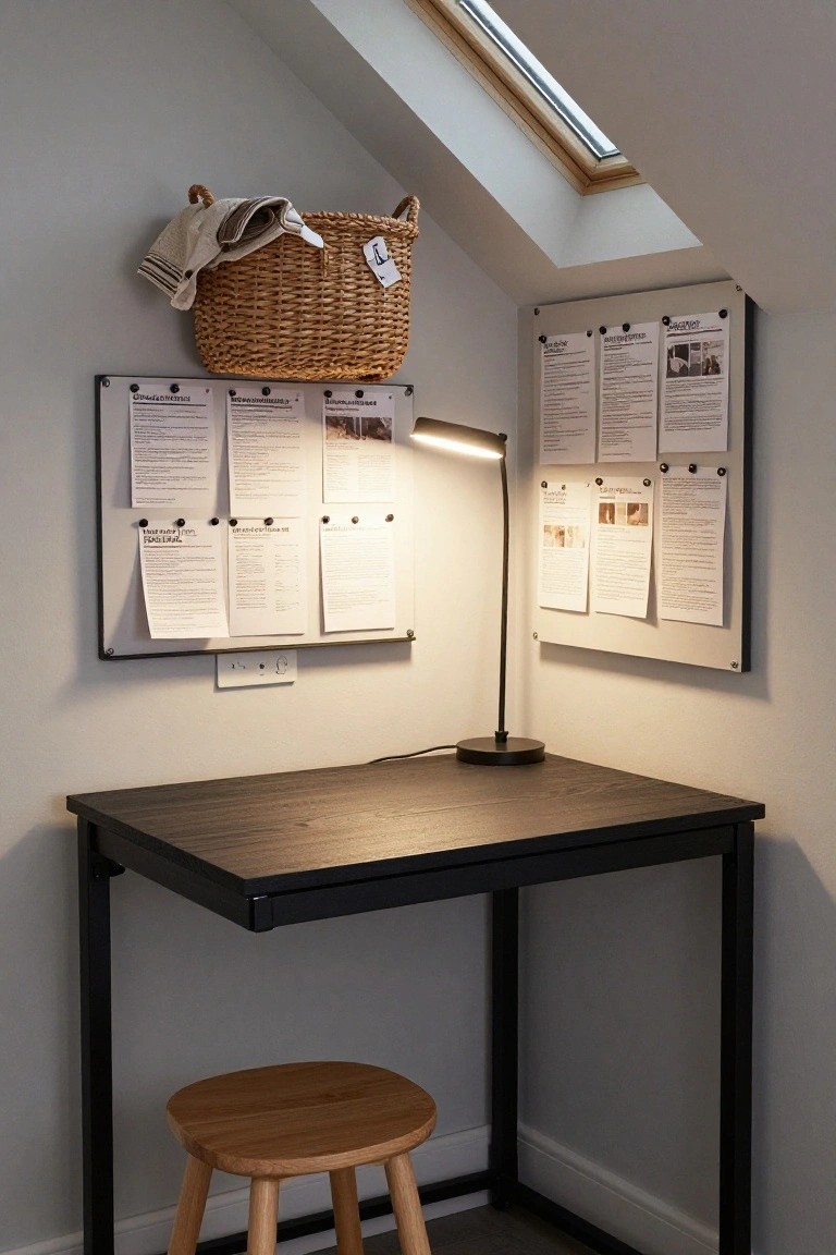 Minimalist desk with papers on wall, basket, lamp, and wooden stool.