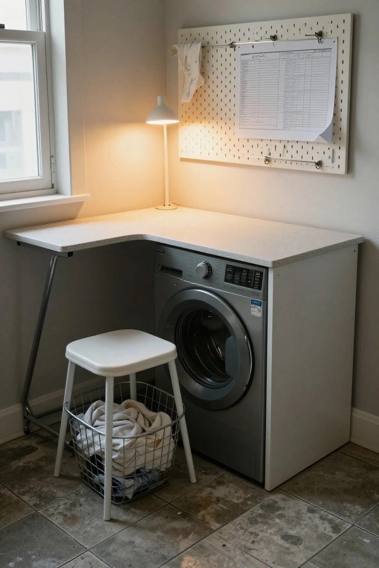 Corner view of a laundry room showing a gray washing machine beneath an L-shaped light gray countertop, with a white stool and wire laundry basket in front and a pegboard mounted on the wall above.