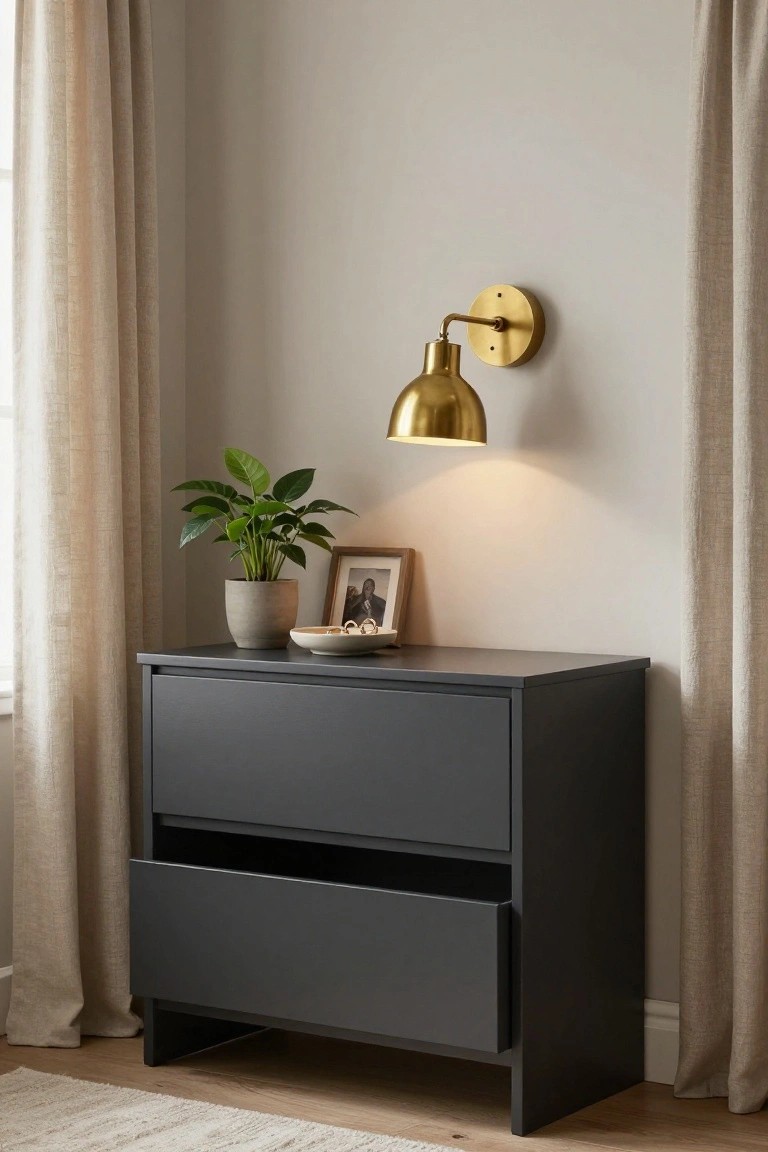A dark gray two-drawer dresser with a potted plant, framed photo, and small bowl on top, lit by a brass wall sconce.