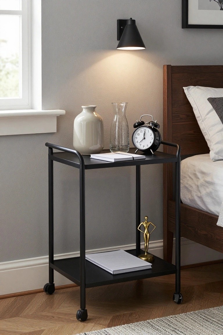A black rolling cart with two shelves is positioned next to a wooden bed and holds vases, a clock, and notebooks under a wall sconce.
